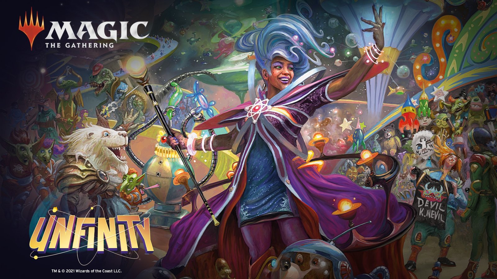 A Wizards of the Coast (WotC), divisão de jogos de fantasia da Hasbro, acaba de anunciar detalhes da coleção “Unfinity” de Magic: The Gathering (MTG). O novo conteúdo irá além da dinâmica tradicional do mais tradicional trading card game do mundo e oferecerá aos jogadores formas inéditas e descontraídas de se jogar MTG. Além disso, a WotC revelou o lançamento de uma colaboração com a Warhammer 40.000, prestigiada franquia de wargames de miniatura produzido pela Games Workshop, com uma linha de quatro decks de MTG no formato Commander, cada uma com cards representando facções do universo de Warhammer 40.000. Com lançamento marcado para 7/10, Unfinity apresentará uma improvável fusão das temáticas de ficção-científica retrô, exploração espacial e universo circense, mergulhando os jogadores em uma gigantesca estação espacial itinerante que funciona como uma grande feira carnavalesca e parque de diversões – com atrações características, brincadeiras, prêmios e claro, apresentações de circo. Para criar o universo de Unfinity, a Wizards of the Coast recrutou um time de escritores especialistas em comédia, resultando em cards bem-humorados, com a “cara” de Magic, mas ao mesmo tempo extrapolando a dinâmica básica do MTG. Sendo assim, Unfinity não poderá ser usado em competições, mas oferecerá aos jogadores diversas mecânicas criativas que transformam a coleção em um jogo à parte, onde o foco é a diversão. Por exemplo, atirar um card à mesa e torcer para que ele pouse próximo a outro card poderá definir as habilidades em uma jogada. Entre outras ações, também será preciso, em determinadas situações, consultar pessoas de fora do jogo para saber quais dos cards de uma mão soam mais como uma banda de rock”, ou mesmo colar adesivos modificadores de habilidades em um card. As novas e divertidas mecânicas de Unfinity proporcionarão a todos os fãs de Magic uma maneira única de ir além da experiência tradicional de MTG.