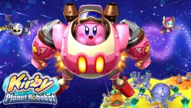 Kirby com armadura robótica lutando em Kirby: Planet Robobot