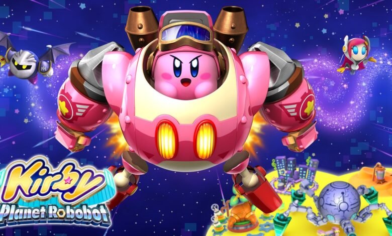 Kirby com armadura robótica lutando em Kirby: Planet Robobot