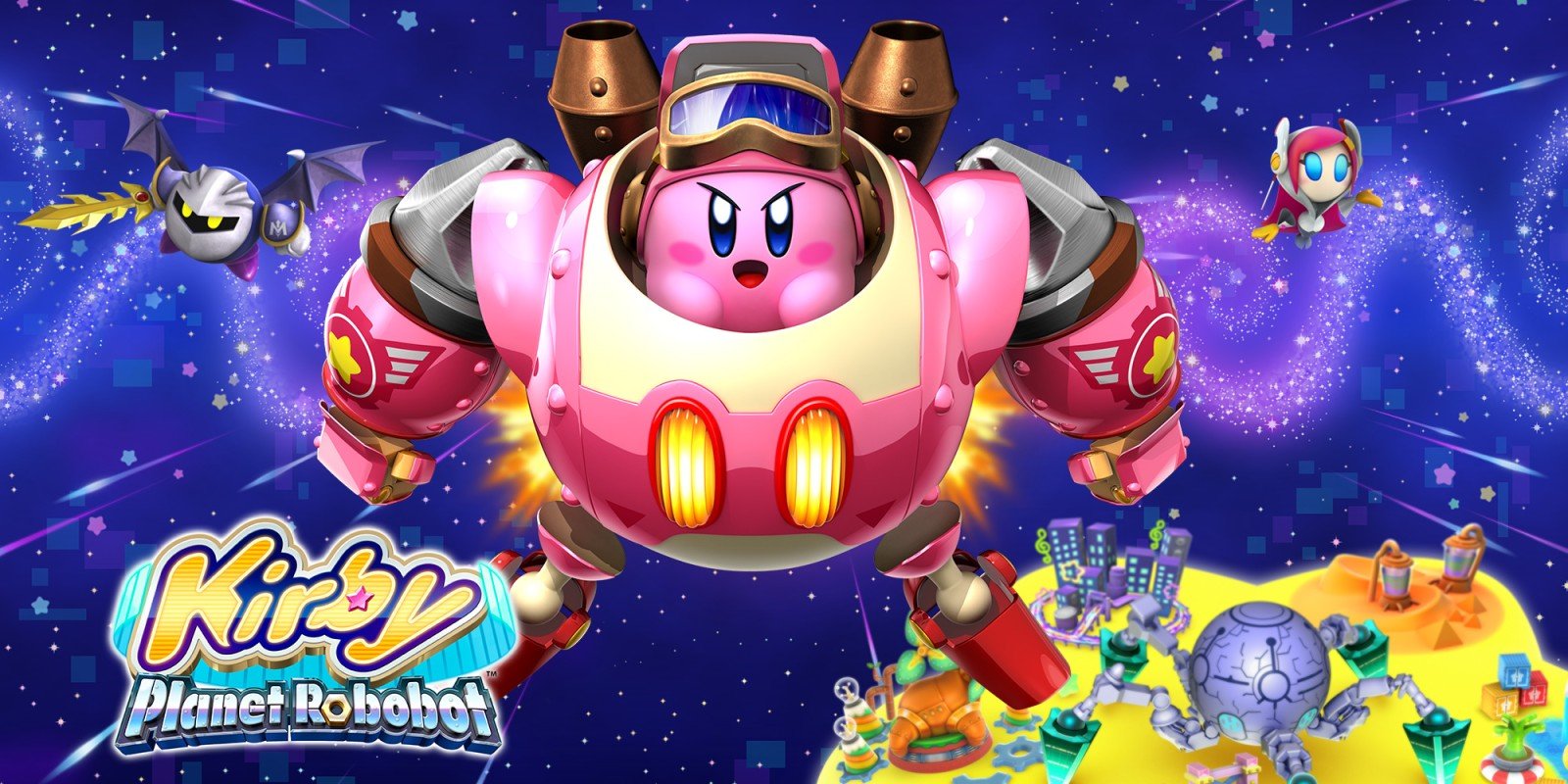 Kirby com armadura robótica lutando em Kirby: Planet Robobot